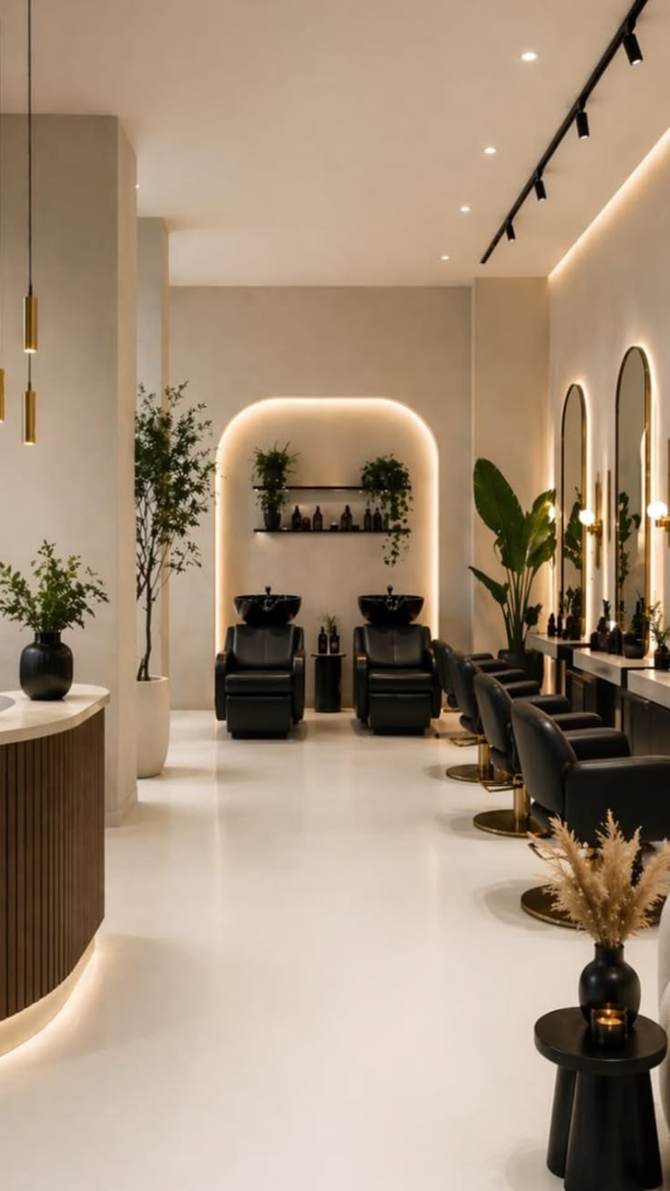 Salon interior with a lit arch over two black wash chairs, gold-trimmed styling chairs and arched mirrors